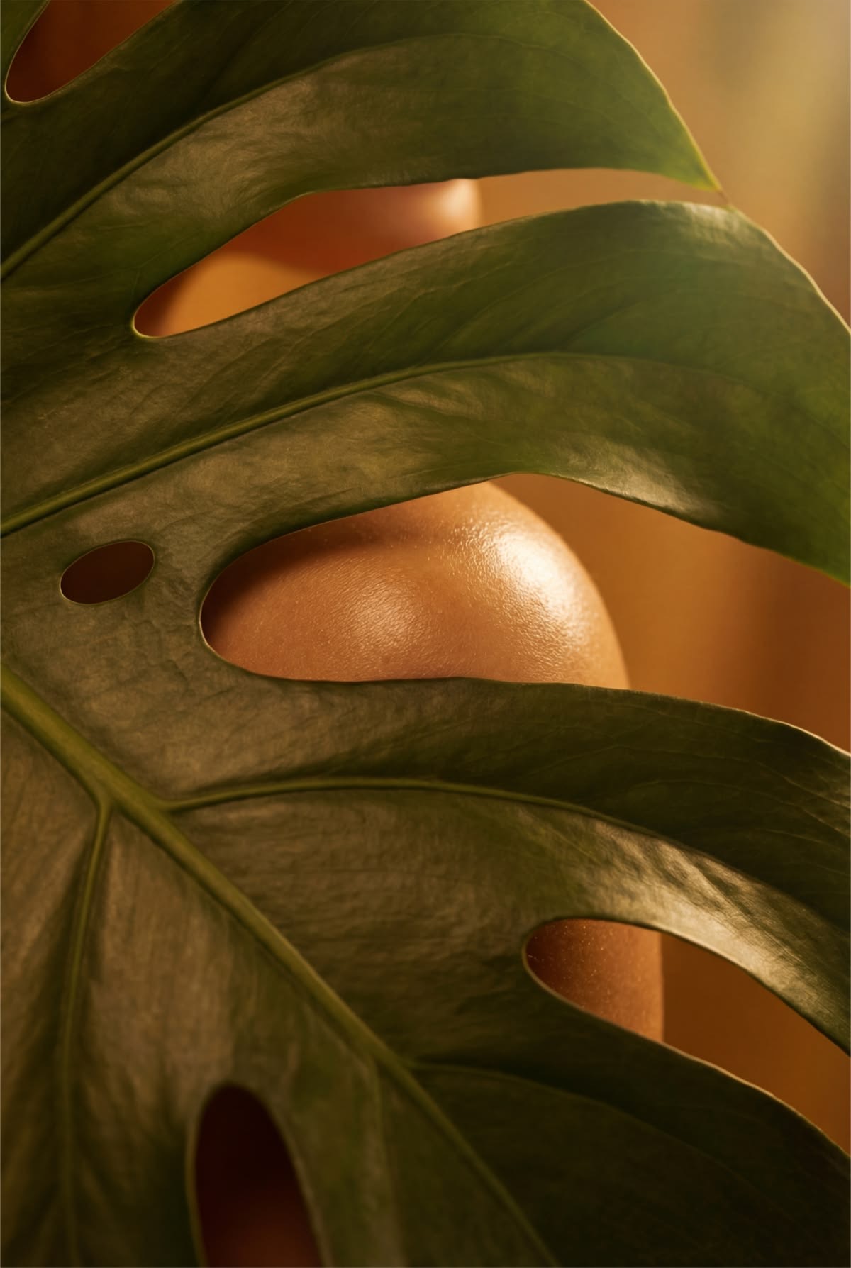 Monstera leaf against sunlit skin