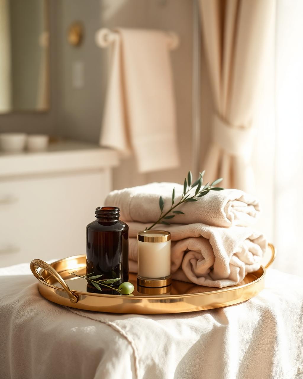 Linen towels and candle on a brass tray