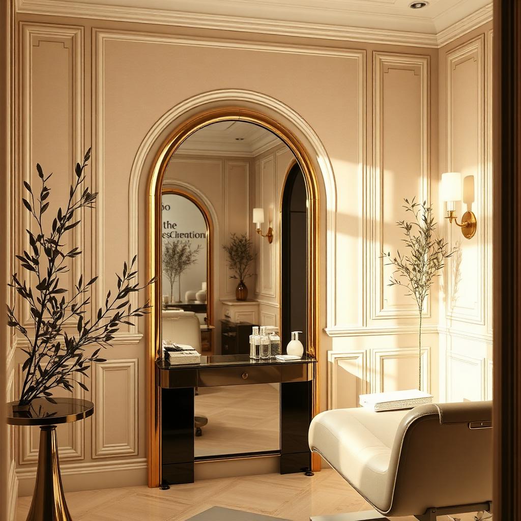 Luxury treatment room with arched mirror and brass details