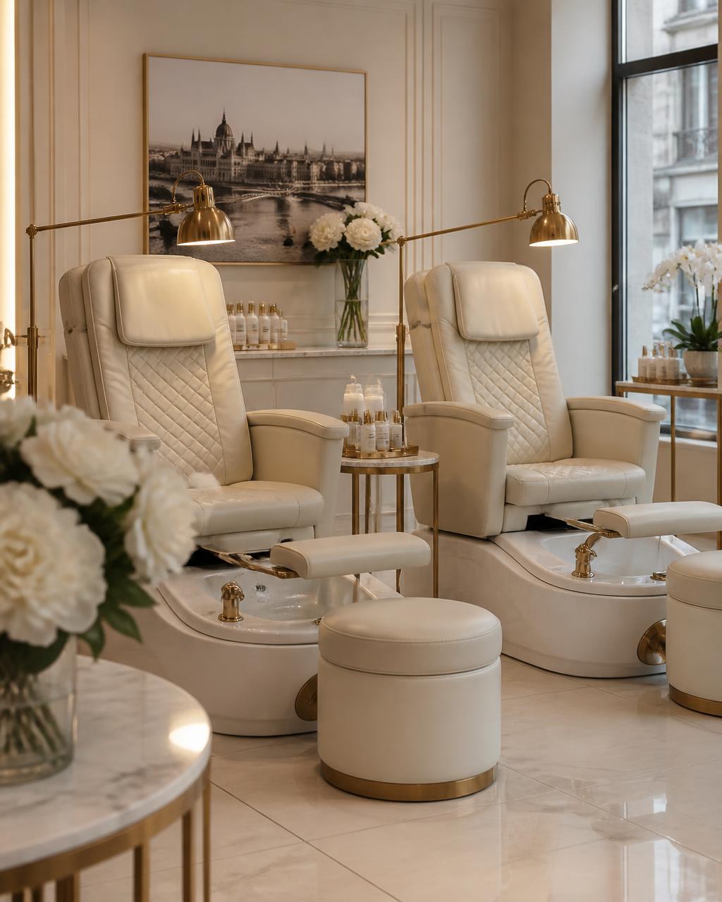 Pedicure station with cream chairs and gold lamp