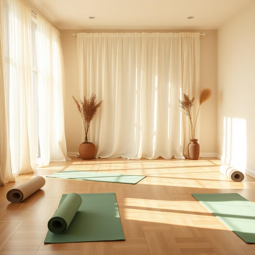 Serene wellness studio with rolled yoga mats