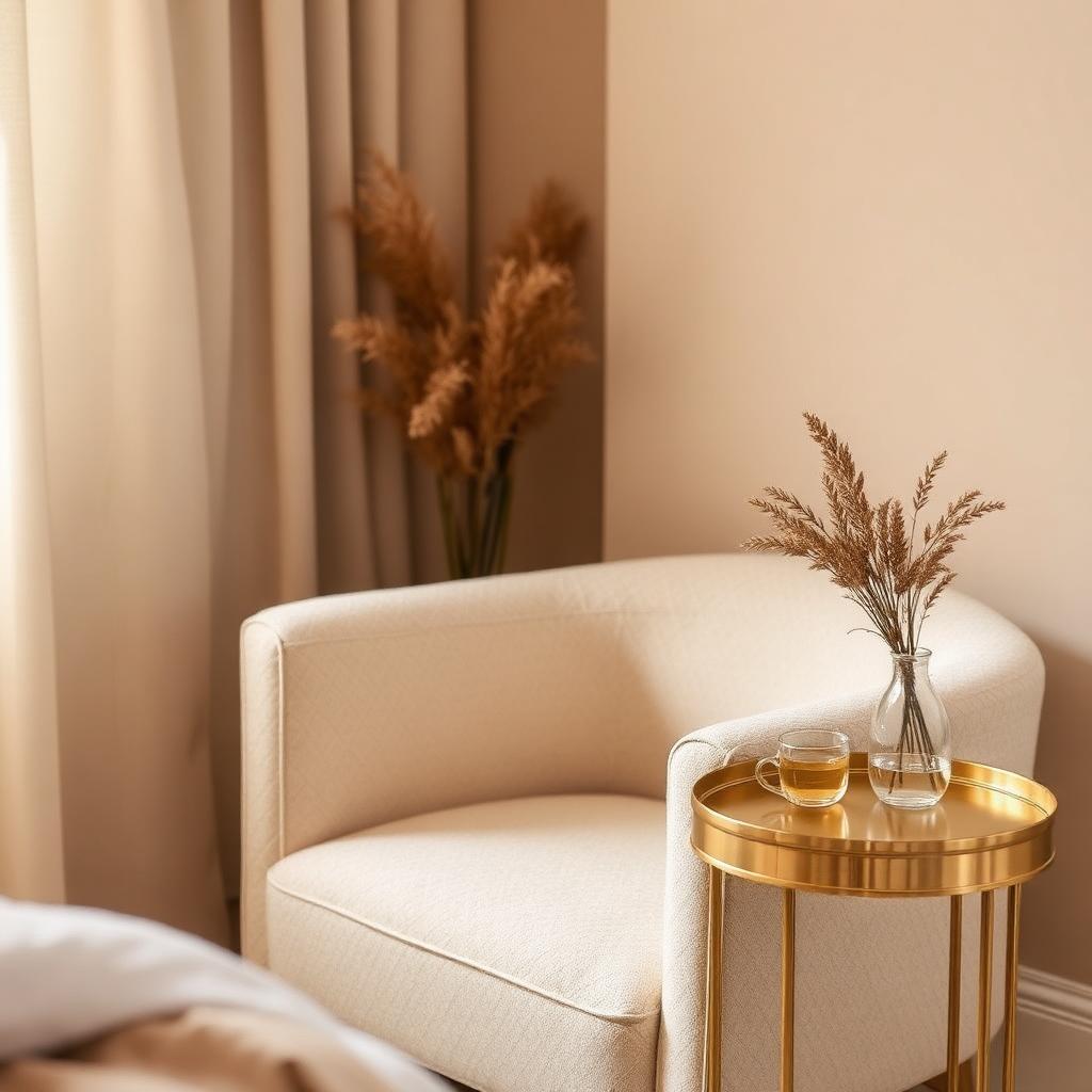 Relaxing lounge corner with boucle armchair and herbal tea